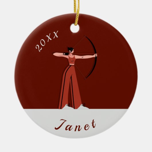 ガールズアーチェリーテーマ弓矢の射手名日付 セラミックオーナメント (正面)