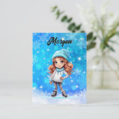 ガールズウィンターアイススケート姿スケートスノーフレーク ポストカード (スタンド正面)