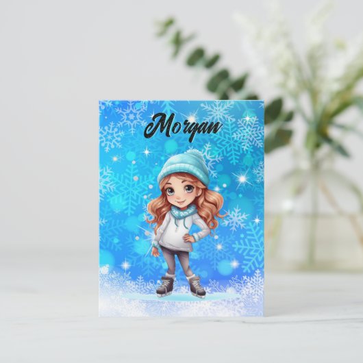 ガールズウィンターアイススケート姿スケートスノーフレーク ポストカード (スタンド正面)