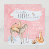 ガールズウィンターオネダーランドウッドランドファースト誕生日 招待状 (正面/裏面)