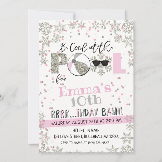ガールズウィンタープールパーティー誕生日 招待状 (正面)