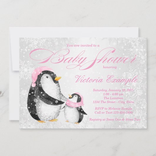 ガールズウィンターベビーペンギウンベビーシャワー招待状 招待状 (正面)