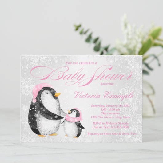 ガールズウィンターベビーペンギウンベビーシャワー招待状 招待状 (スタンド正面)