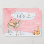 ガールズウィンターワンダーランドウッドランドファースト誕生日 招待状 (正面/裏面)