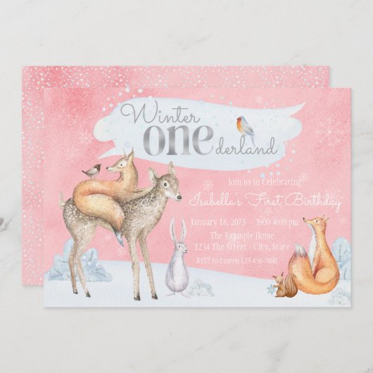 ガールズウィンターワンダーランドウッドランドファースト誕生日 招待状 (正面/裏面)