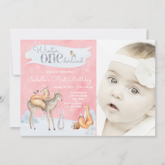 ガールズウィンターワンダーランドウッドランドフォト誕生日 招待状 (正面)