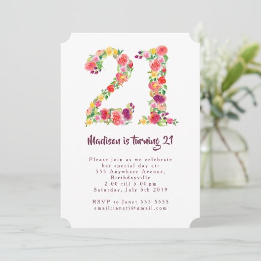 ガールズウォータカラーフローラ21st誕生日パーティーシェイプ 招待状 (スタンド正面)