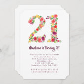 ガールズウォータカラーフローラ21st誕生日パーティーシェイプ 招待状 (正面/裏面)