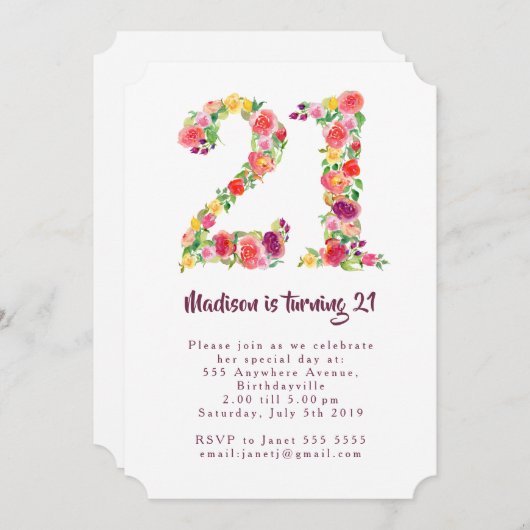 ガールズウォータカラーフローラ21st誕生日パーティーシェイプ 招待状 (正面/裏面)