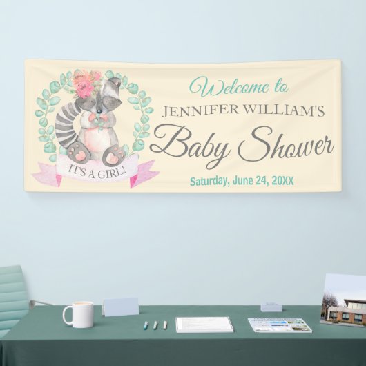 ガールズウォータカラーベビーラクーンベイビーシャワー 横断幕 (トレードショー)