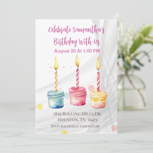 ガールズウォーターカラーカップケーキ誕生日招待状 招待状 (スタンド正面)
