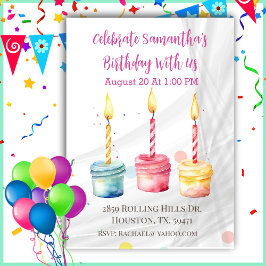 ガールズウォーターカラーカップケーキ誕生日招待状 招待状
