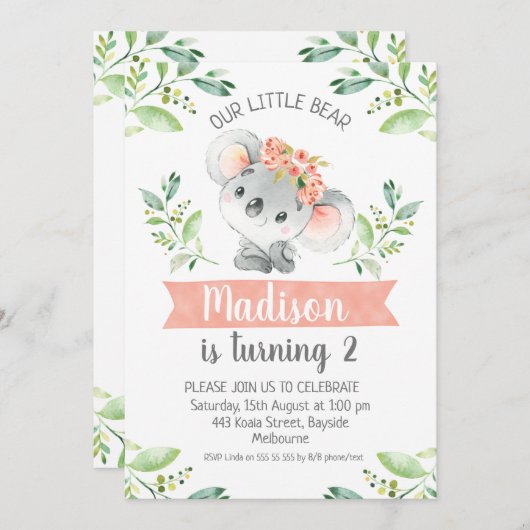 ガールズウォーターカラーコアラベア誕生日招待状 招待状 (正面/裏面)