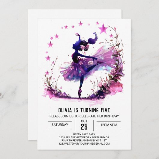 ガールズウォーターカラーバレリーナ誕生日 招待状 (正面/裏面)