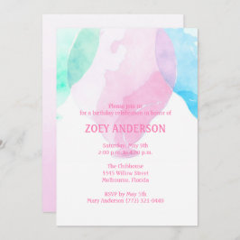 ガールズウォーターカラー気球誕生日パーティー招待状 招待状