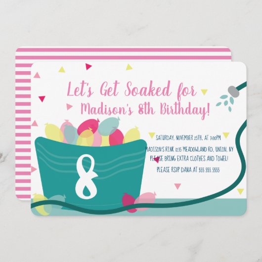 ガールズウォーターバルーンファイト誕生日ピンク 招待状 (正面/裏面)
