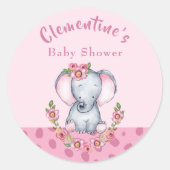 ガールズウォーターフローラゾウピンク赤ちゃんシャワー ラウンドシール (正面)