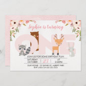 ガールズウッドランドアニマルズ1st誕生日招待状 招待状 (正面/裏面)