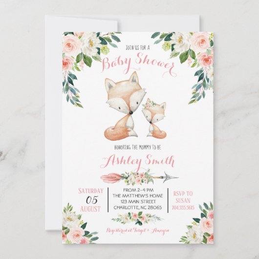 ガールズウッドランドフォックスベビーシャワー招待状 招待状 (正面)