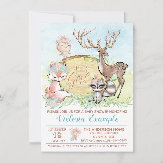 ガールズウッドランドベビーフレンズ赤ちゃんシャワー 招待状 (正面)