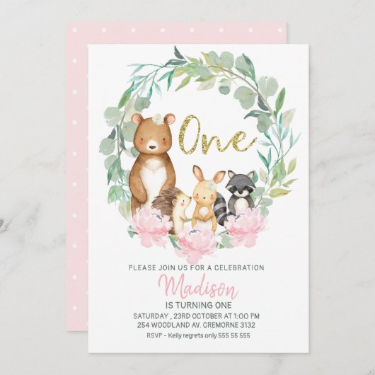 ガールズウッドランドリースファースト誕生日招待状 招待状 (正面/裏面)