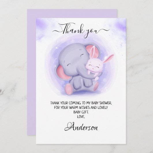 ガールズエレファントとベビーうさぎ赤ちゃんシャワー サンキューカード (正面/裏面)