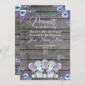 ガールズエレファントベビーシャワー招待状素朴ティール（緑がかった色） 招待状 (正面/裏面)