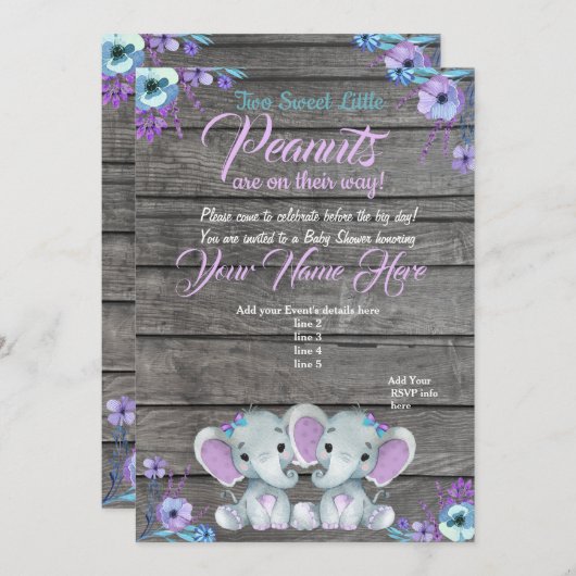 ガールズエレファントベビーシャワー招待状素朴ティール(緑がかった色) 招待状 (正面/裏面)