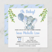 ガールズエレファント水彩ベビーシャワー招待状 サンキューカード (正面/裏面)