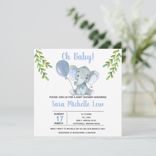 ガールズエレファント水彩ベビーシャワー招待状 サンキューカード (スタンド正面)