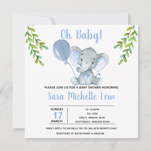 ガールズエレファント水彩ベビーシャワー招待状 サンキューカード (正面)