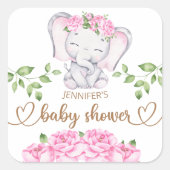 ガールズエレファント&フラワーウォーター色ベビーシャワー スクエアシール (正面)