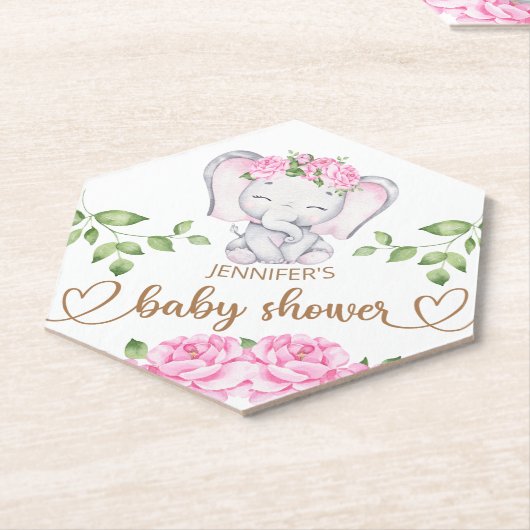 ガールズエレファント&フラワーウォーター色ベビーシャワー ペーパーコースター (アングル)