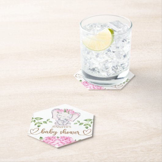 ガールズエレファント&フラワーウォーター色ベビーシャワー ペーパーコースター (インサイチュ)