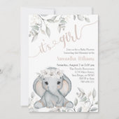 ガールズエレファント&フラワーウォーター色ベビーシャワー 招待状 (正面)