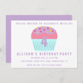 ガールズカップケーキフォー4th誕生日パーティー招待状 招待状 (正面/裏面)