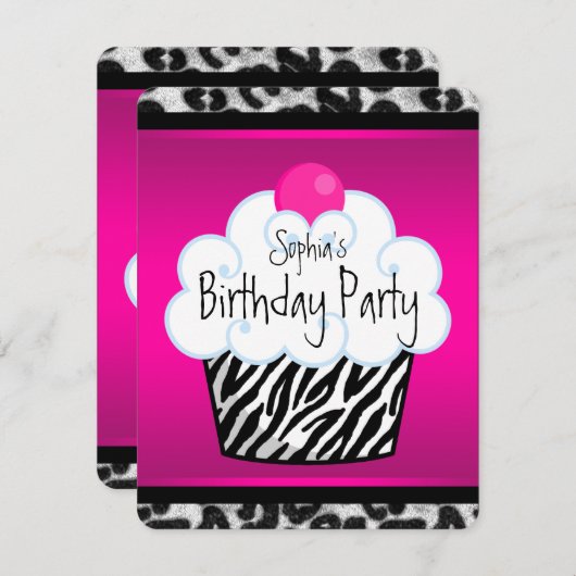 ガールズカップケーキ誕生日パーティー 招待状 (正面/裏面)