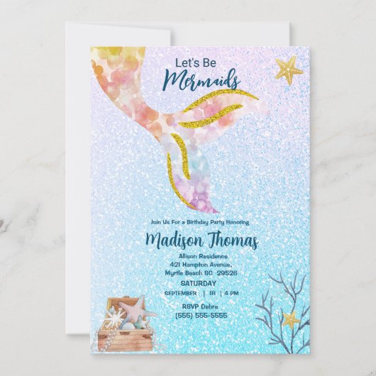 ガールズカワイイグリッターマーメイドシーバースデーパーティー 招待状 (正面)