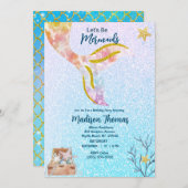 ガールズカワイイグリッターマーメイドシーバースデーパーティー 招待状 (正面/裏面)