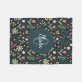 ガールズカワイイ海軍モダンブルーボタニカルフラワーキッズ フリースブランケット (正面(横))