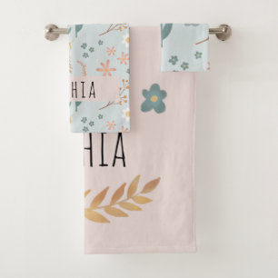 ガールズカワイトパステルフローラボタニックパターンキッズ バスタオルセット