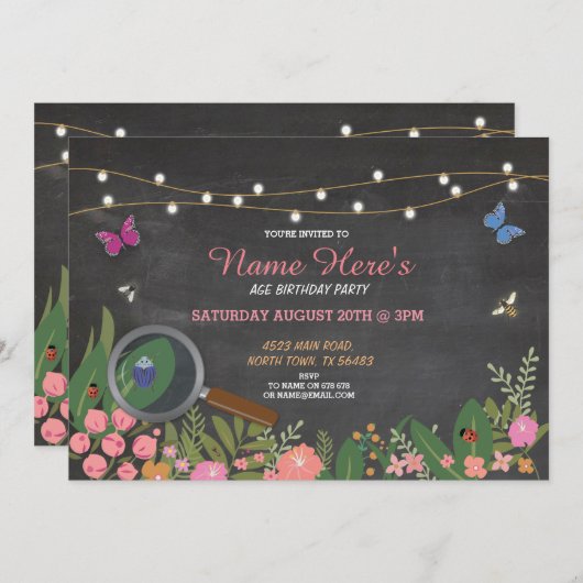 ガールズガーデンバグ狩りバタフライ誕生日招待状 招待状 (正面/裏面)