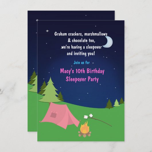 ガールズキャンピングスリープバーバースデーパーティー招待 招待状 (正面/裏面)