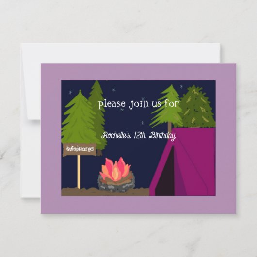 ガールズキャンピングスリープバーバースデーパーティー招待 招待状 (正面)