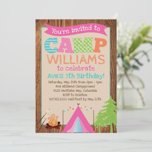 ガールズキャンピングバースデーパーティーの招待 招待状 (スタンド正面)