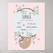 ガールズキュートスリーピングスロース誕生統計ベビー子供部屋 ポスター (正面)