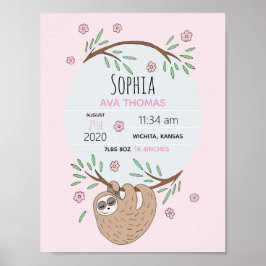 ガールズキュートスリーピングスロース誕生統計ベビー子供部屋 ポスター