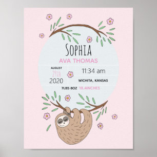 ガールズキュートスリーピングスロース誕生統計ベビー子供部屋 ポスター