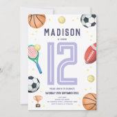 ガールズキュートパープルスポーツマンガ子供の誕生日 招待状 (正面)