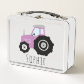 ガールズキュートパープルファームトラクターキッズ メタルランチボックス (正面)